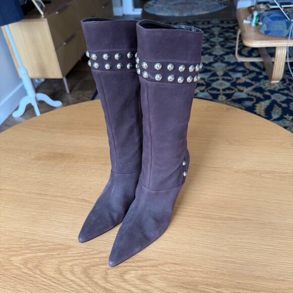 Manolo Blahnik Nenbiemi Brown Nubuck Leather Boots w/Silver Studs Size 38.5 US 8 - Picture 10 of 13